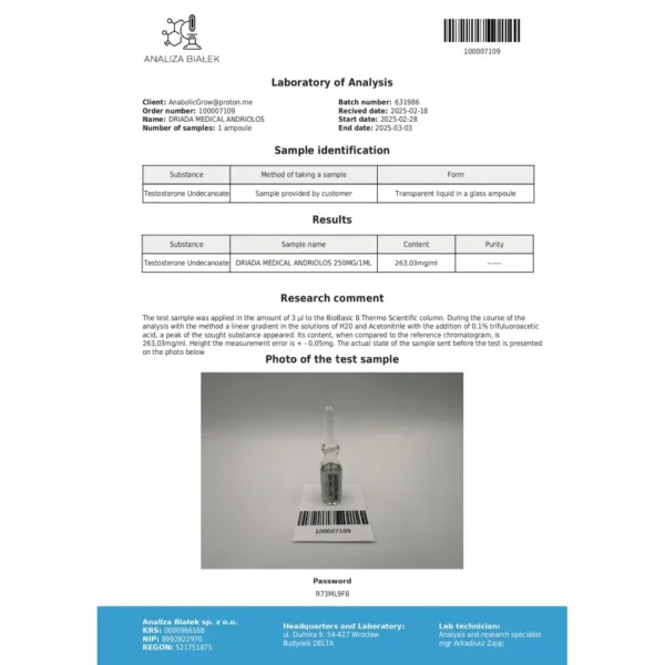 Andriolos 250 mg/ml (Testosterone Undecanoate) 10 ml vial